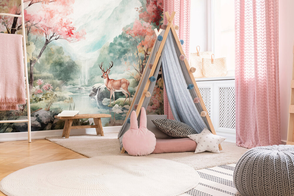 Hert in Bloesemvallei Fotobehang 15029