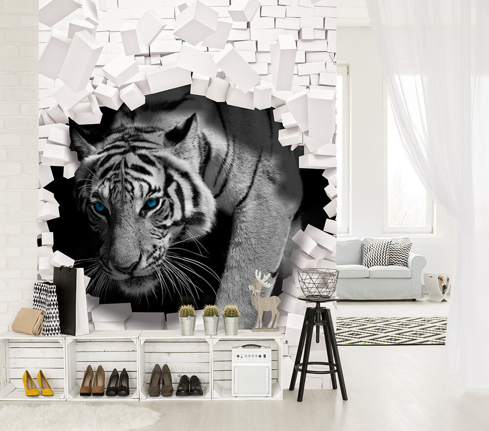 3D Tiger Coming out the Wall Photo Wall Mural 10400VEA