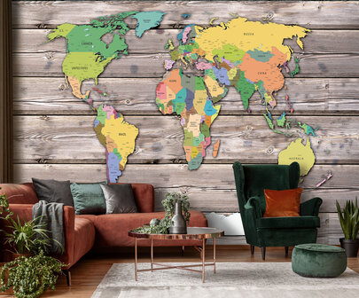 Photo Wall Mural World Map &amp; Wood 10869P8