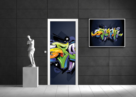 Colourful Graffiti on Navy Blue Door Mural Photo Wallpaper 1509VET