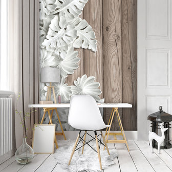 Alabaster Flowers on Wooden Planks Photo Wall Mural 10136VEA