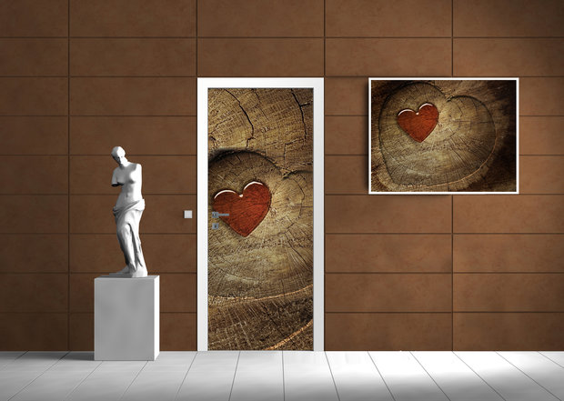 Red Heart on Wood Door Mural Photo Wallpaper 135VET