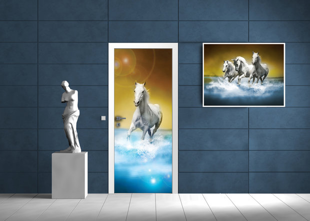 White Horses Galloping on Water Door Mural Photo Wallpaper 425VET