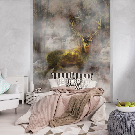 Gold Deer In the Foggy Forest Photo Wall Mural 10033VEA