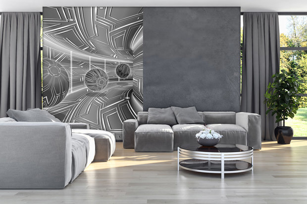 3D Gray Tunnel with Spheres Photo Wall Mural 10079VEA