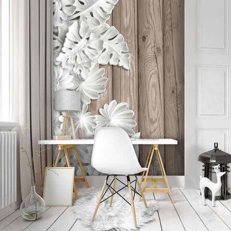 Alabaster Flowers on Wooden Planks Photo Wall Mural 10136VEA